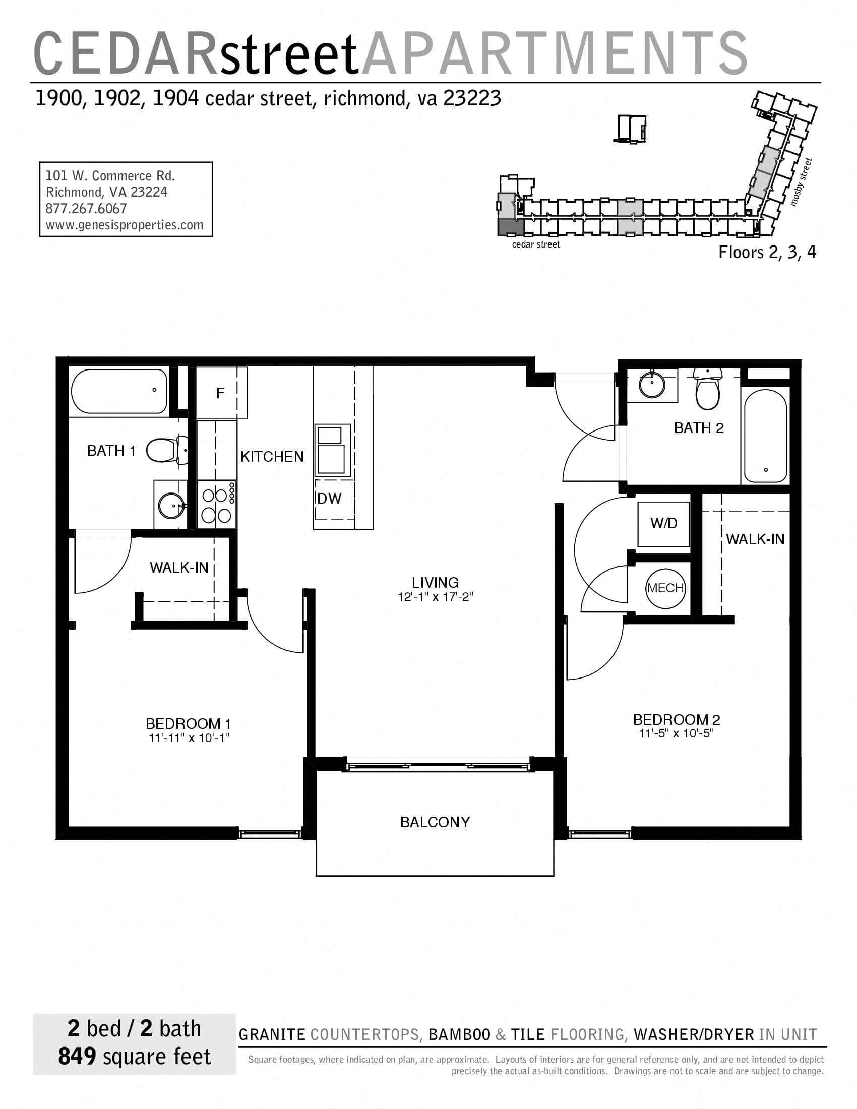 Floor plan for 2 beds, 2 baths, 925 sqft